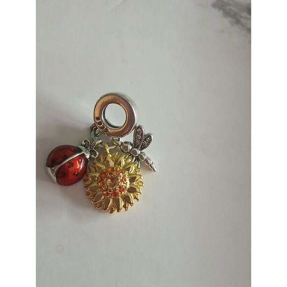Ladybug Sunflower and Dragonfly Tri Dangle Charm S925 Silver 14K Gold Plated - Picture 5 of 11